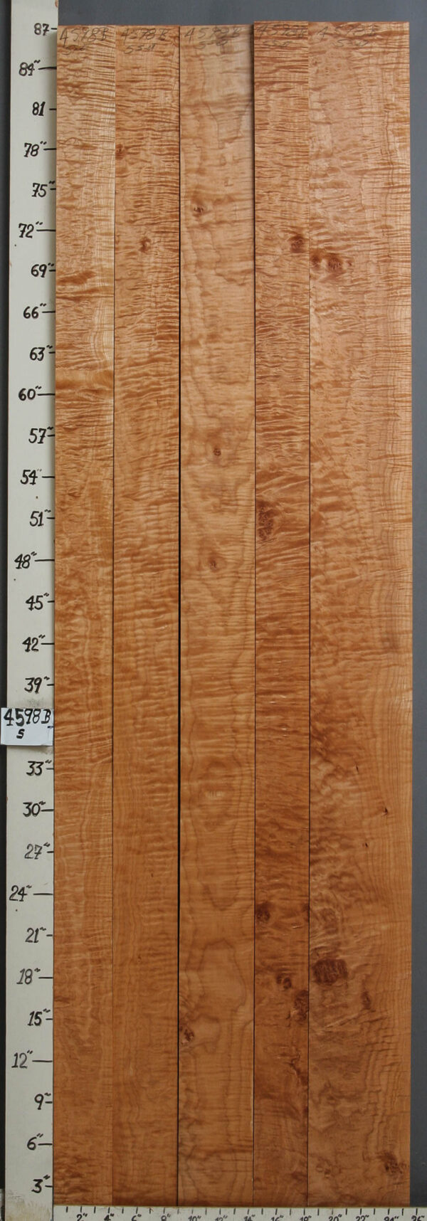 AAAAA CURLY MAPLE 5 BOARD SET OF LUMBER 25"1/4 X 86" X 4/4 (NWT4598B)