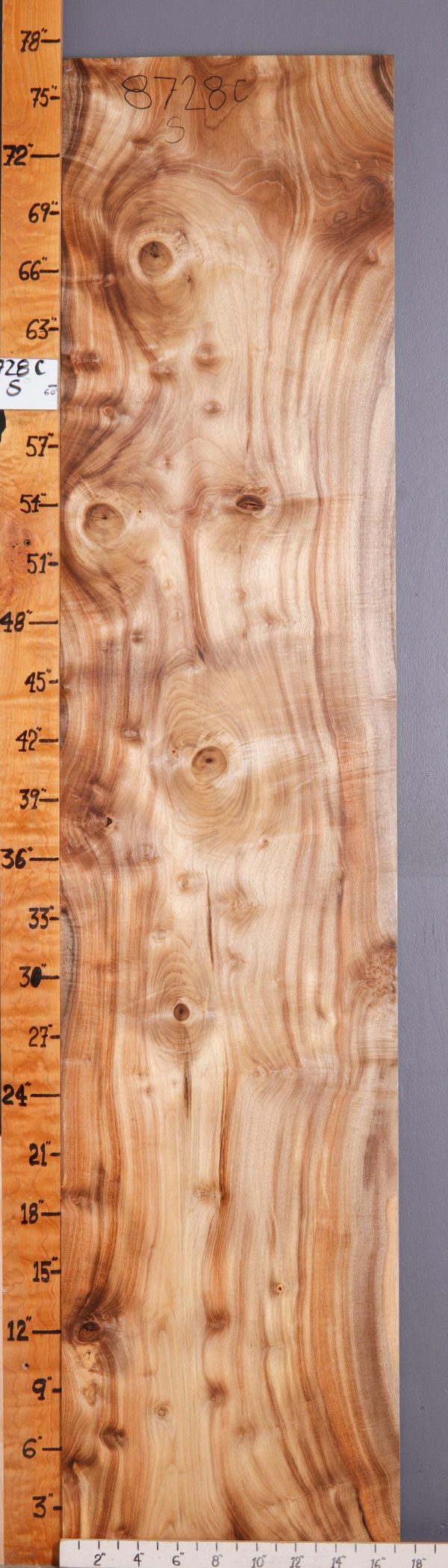 5A Curly Myrtlewood Lumber 17"1/8 X 77" X 4/4 (NWT-8728C)