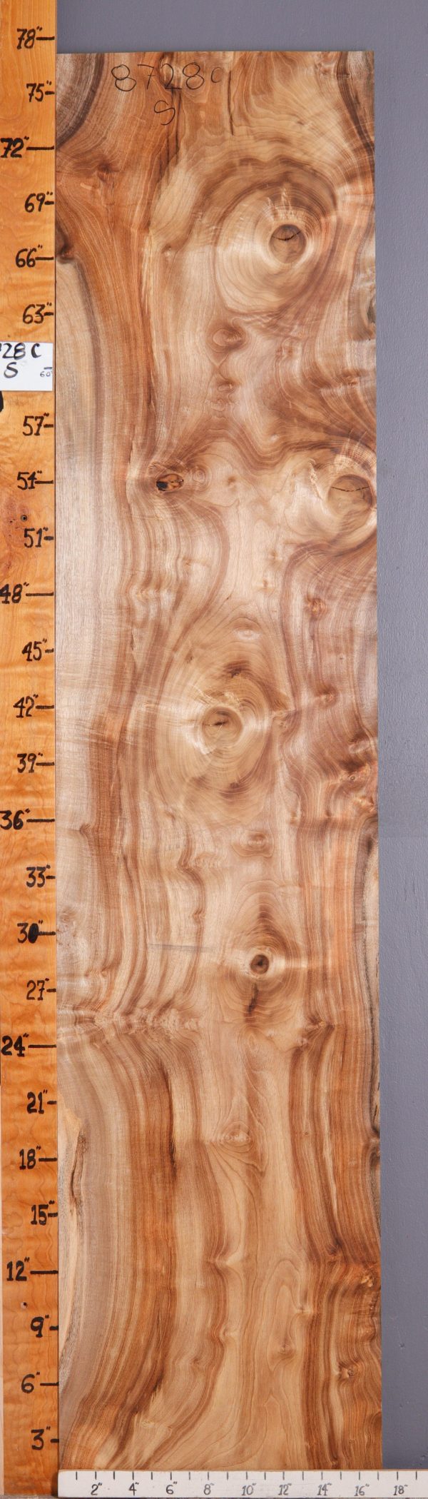 5A Curly Myrtlewood Lumber 17"1/8 X 77" X 4/4 (NWT-8728C)